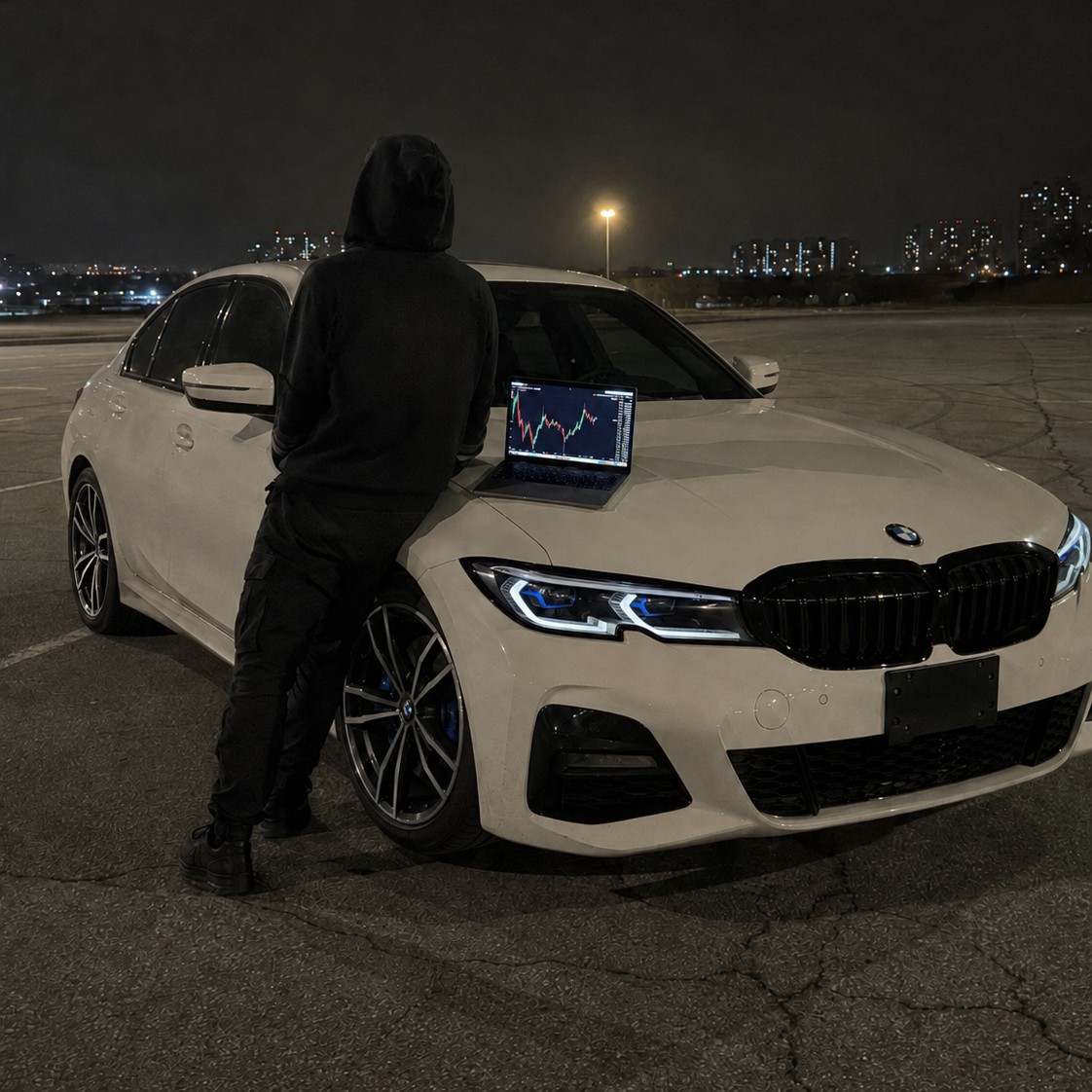Павел в капюшоне у белой BMW ночью